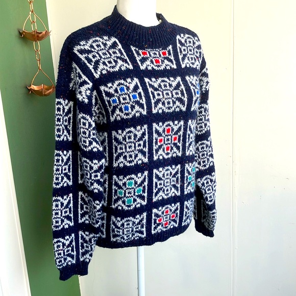 Vintage 80s 90s Navy Abstract Snowflake Sweater - Picture 1 of 8